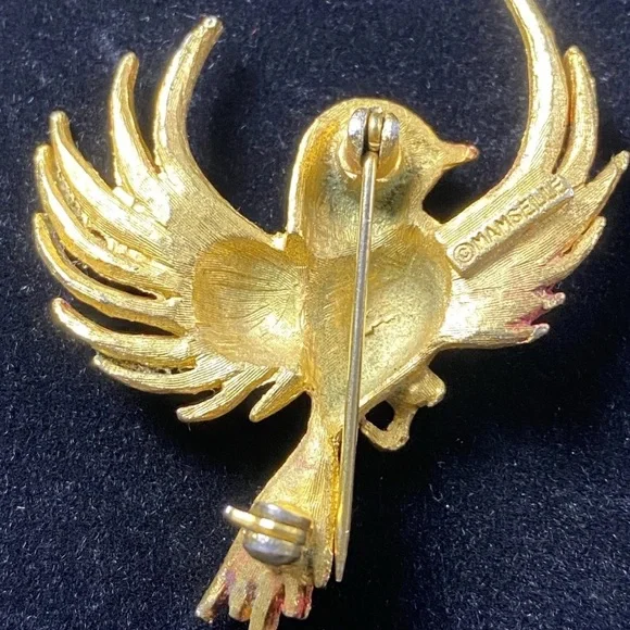 VINTAGE Mamselle Gold-Tone Bird Brooch Red Rhinestone Eye Bird Pin Signed, 1.5” - Picture 2 of 10